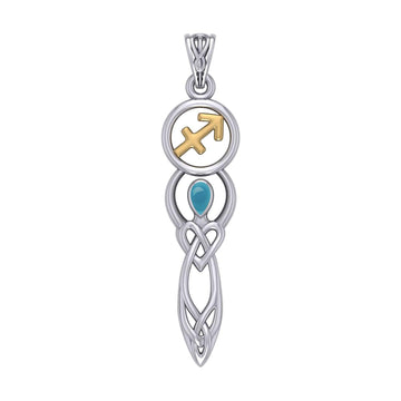 Celtic Goddess Sagittarius Astrology Zodiac Sign Silver and Gold Accents Pendant with Turquoise MPD5943 - Jewelry